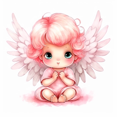 pink cute baby angel illustration clipart, detailed, black outline, white background, 4k, watercolor, digital art