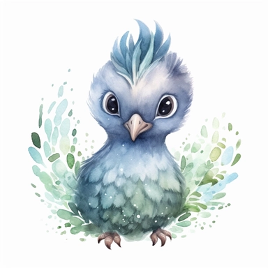 an enchanting watercolor clipart image with a white background, showcasing a baby peacock with small, budding feathers and a curious gaze, its charming presence and unique features capturing the beauty and cuteness of kawaii baby birds.