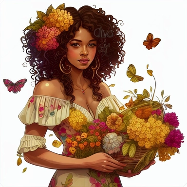 a gorgeous Indian woman, curly hair with ruffles, big basket with flowers in her hand, wool style, luxury, chain of flowers in the background, butterflies, dandelions, vibrant colors, dressed in several dresses, white background, clipart