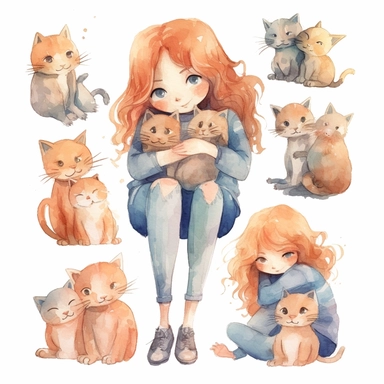 multiple poses characters of a girl hug her cat , watercolor in cartoon grunge style clipart on white background