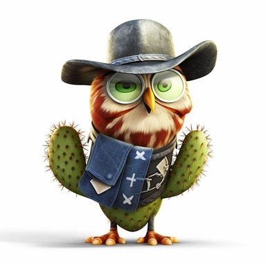please create pixar style character clipart of owl dressed like a cowboy, riding a cactus, back view of body looking at the camera in pain with head turned front view with back grills