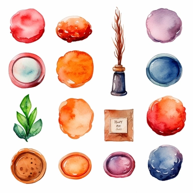 Watercolor hot wax seal used for envelopes , illustrations clipart set, simple , cartoon elements, rocks, bushes , different variants , , separate elements with a margin
