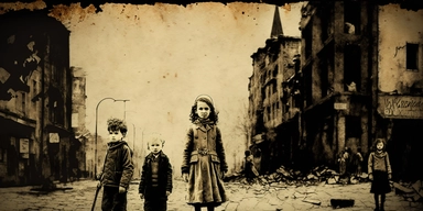 Creative graphic design, design, Small little jewish kids very thin, standing in front of the camera in the back The jewish WW2 the year is 1942, Very thin and poor people walking in the middle of a destroyed street in Warsaw, Huge destruction and devastation, dead people, dark sky, no hope, and the Resurrection, sepia colors, black and white, dark, deep pain, people in tremendous suffering, EPIC, Dark collage, clipart, graphic, illustrations, 16K