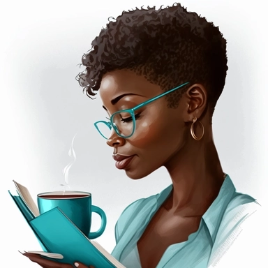 gorgeous black woman clipart, studying the bible sipping a coffee, pixie cut hairstyle, cyan blouse, dark brown skinned, melanin, white background--v 5