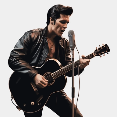 portrait view, full view, head to toe, beautiful image of Elvis Presley dressed in black leather jacket, black leather pants, with guitar and microphone, singing, romantic, ethereal, fantasy, sharp focus, high detail, 8k, illustration clipart style, transparent background, (--iw 8)