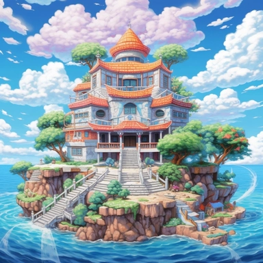 /v5_upscale, bright day, island in the blue sea house with pam clipart, high detail, spaced outultra scale, detailed, extremely bright, charming, stunning, extremely detailed, miracle, amazing, mercury clouds illumination, light background, vitamins, with holographic , dragon ball Jin the Turtle Master Roshi, anime legends