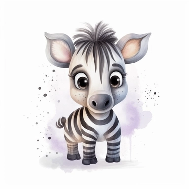 watercolor cute baby zebra with big eyes, pixar style, kawaii style, light colors, baby room style, clipart with white background