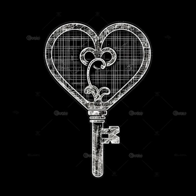 sketch clipart of a silhouette of a key and a heart, hd, white on black background, spaced out,--ar 3:2