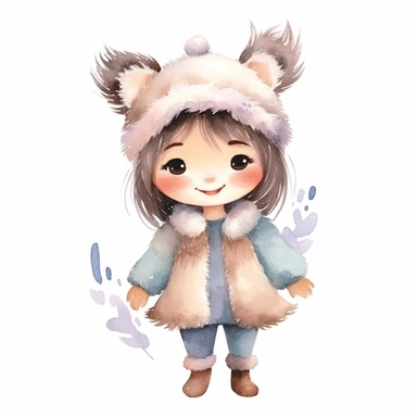 Cute adorable little Eskimo princess character watercolor clipart, full body, disney, pixar