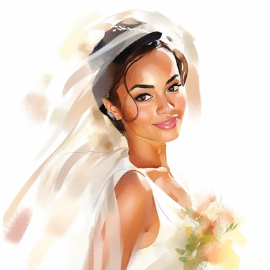beautiful hispanic bride wearing white wedding dress close up watercolor clipart, single image, white background