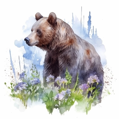 detailed watercolor clipart, photography style, beautiful bear, in a meadow, HDR, spring floral,self shadow, white background