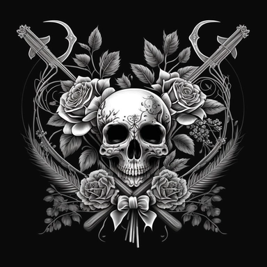 crossed rifles, roses, sugar skull, heart, black and white, clipart