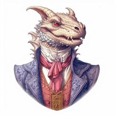 clip art, Beautiful aristocrat clothing, cultured mature dragon head and torso, white background, clipart
