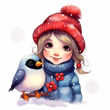 a happy little cute girl in a five-year-old, snowman, bullfinch, winter, style by Lusy Fleming, folk art, watercolor, clipart elements, smooth gradients, black contour outline, ultra detailed, white background, super clear, high quality