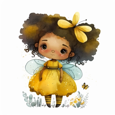 A cute little fairy in bumblebee dress, isolated subject, folklore artstyle, watercolor clipart, whitebackground