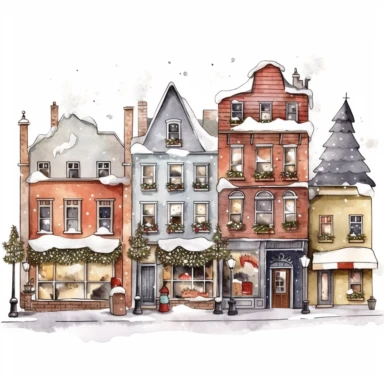 beautiful old town Christmas Clipart , style by Lucy Fleming, watercolor, smooth gradients, black contour outline, ultra detailed, clipart elements, delicate pastel colors, solid white background, super clear, high quality