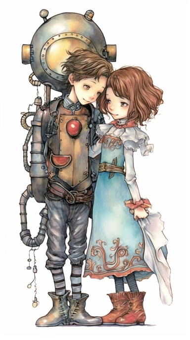 watercolor steampunk boy and steampunk girl entire body with a steampunk robot by their side and holding a cute steampunk doll in her arms, illustration clipart by holly hobbie and mary engelbreit