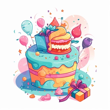 Birthday Cake With Birthday Elements Like belon,Gift Box, Star, Clipart, Vector Style, Logo design, White Background