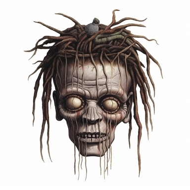 a voodoo shrunken head with mouth and eyes stitched shut, calm expression, dark shrivelled skin, pastel, photorealistic, hyper realistic, ultra high-detail, dark outlines, white background, clipart,