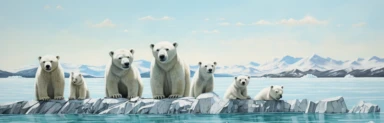 a line of cute miniature polar bear cubs on an iceberg, a collage of mixed media art made with tissue paper, magazine and newspaper clippings, oil paint, graphite pencil lines and fabric, in the style of playful surrealism, whimsical, washi tape