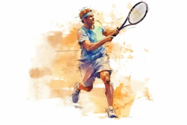 Watercolor, Create an illustration of a tennis player volleying the ball at the net clipart, hd, on a white background, spaced out