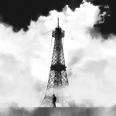 eiffel tower in the sky a blackandwhite clip art illustration, in the style of steel/iron frame construction, dynamic figure studies, tinkercore, unconventional poses, sōsaku hanga, minimalist form, urban signage