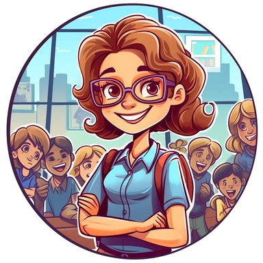 cartoon clip art of smiling female teacher at the front of the classroom, sticker