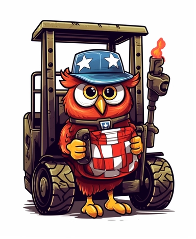 Showcasing a cartoon owl as a forklift operator, with the design incorporating patriotic motifs and symbols representing the United States. The overall design can appear polished and poignant, with the owl proudly operating the forklift, that can be used as a sticker, colorful, highly detailed, with a white background, in the style of Pixar clipart, and no cut off edges.