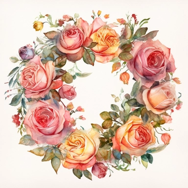 Watercolor Painting of beautiful multi - headed Rose Wreath FLOWERS on white background DETAILED ILUSTRATION, Flora Design Patterns, Flemish Baroque by Rachel Ruysch, Behance, Rococo, Intricate Detailed, Soft Light Effect, Oil Paint Strokes, Light Academia Aesthetic Flowers, Lighting cinematic, all shown shimmering stamens, tyndall light, texture, colorful, 8k, fantasy, ray tracing, vivid, spectacular lighting, octane rendering, highly detailed, ultra - realistic, white background, clipart