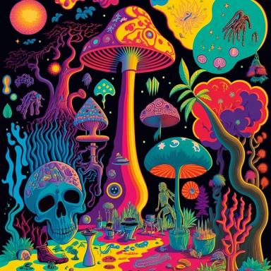 a full screen of poster board saturated with different psychedelic related elements and colors, including such objects as big and small mushrooms, ferns, large trees, little happy-skulls, moons, stars, rocket ships, random strange things, large tentacles, flying saucers with light beams, flowers from other planets, in a jungle scene with many psychedelic colors and other random fun clipart objects in an adventure time environment, green aliens, monkeys, smileyfaces, stars, big shooting stars, fa