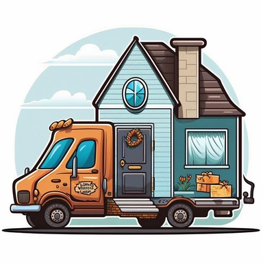 moving van in front of a house, cartoon clipart, sticker