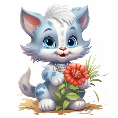 baby kitten playing with flowers, disney cartoon style, isolated white background, clipart
