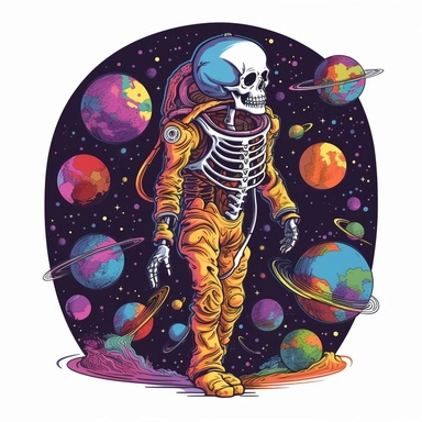 clipart of psychedelic skeleton in space, cartoon style, vector, on a white background