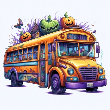 halloween school bus Sublimation Clipart, Cartoon, hyper realistic, intricate detail, illustration style, high solution, on the white background, green, purple, orange, oil paint