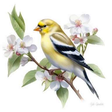 watercolor for a clipart with a white background of an american goldfinch on a twig with leafs and blooming flowers, realism, painted by alex alemany