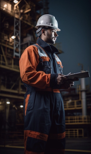 a technician in overalls with a hard hat and a clip board, outdoors, industrial oil rig, cinematic composition, dramatic composition, low angle, hero shot