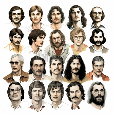 bunch of people clipart, 3 rows, charles manson, jeffery dahmer, ted bundy, john wayne gacy, richard ramirez, david berkowitz, dennis rader, gary ridgway, ed gein, ultra high definition by helen levitt, 1980, 35mm, individual images, detailed, white background