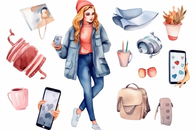 social media watercolor clipart. Facebook, tiktok, Pinterest, instagram, email cellphone laptop ,