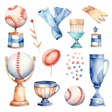 Watercolor cute little baseball trophy related items , illustrations clipart set, simple, christmas colors , cartoon elements ,different variants , championship cupseparate elements with a margin, 4k, high resolution