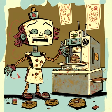garbage pale kids format, pop surrealism digital art image of broken down, old, rusting, cartoonish, humanoid robot making biscuits in the kitchen of a fast food restaurant. The robot is wearing tattered, McDonalds style uniform, made of clothing for humans. The robot is in an art style inspired by artists like Tara McPhereson, Nooligan, and Robin Eisenberg. To be used for digital clipart. Use dull, 1970's style, yellow, green, brown color scheme for the robot.