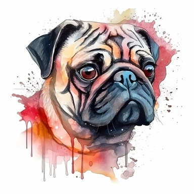 pug in the style of head alone detailed, cartoon style, 2d watercolor clipart vector, creative and imaginative, hd, white background