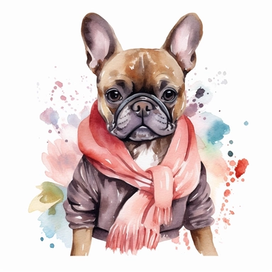 An adorable watercolor clipart of a Doggy Diva wearing a fashionable outfit, brindle French Bulldog