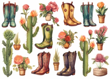 backdrop clip art print cactus, flower, cowboy boots, cowgirl boots cowboy boots vector clipart, in the style of romanticized realism, pastel academia, dye-transfer, jessie arms botke, rubén maya