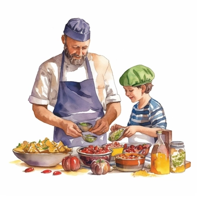 A father and son cooking together in the kitchen, wearing chef hats and aprons, Watercolor, Clipart, detailed, high resolution, transparent background PNG
