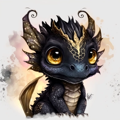 a watercolor painting of a Tiny cute adorable baby dragon looking directly into the camera and slightly smiling, dragon has little braid of hair in the centre, black with golden shimmer color, watercolor painted effect skin, intricate details, glass eyes, skip has watercolor painting effect, soft cinematic lighting, 8k, portrait, Pixar style character, pokemon anime style octane render, upper body only, inspired by Hanns Katz, logo, pastel colors, liquid cooled, 70's, clipart, chill out, retro, 
