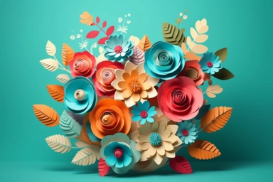 3d render, craft paper flowers, round floral bouquet, botanical arrangement, bright candy colors, nature clip art isolated on sky blue background vector art illustration