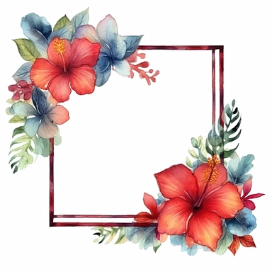 an empty frame surrounded by hibiscus flowers clipart, watercolor