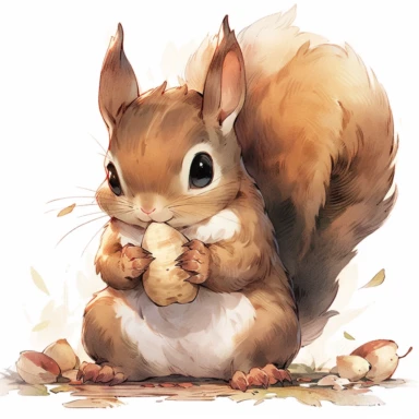 squirrel and Acorn, illustration for book, children's book, 2 clipart, fiorucci angels, beautiful decoupage paper, pastel colors, white background clipartm, fantasy art, squirrel ears, perfect eyes, detailed body, Watercolor Clipart, strybk, full Illustration, 4k, sharp focus, watercolor, smooth soft skin, symmetrical, soft lighting, detailed face, concept art, watercolor style, strybk, children's style fairy tales, chibi kawaii, Octane rendering, 3d. Perfect face, detailed face, delicate face, 