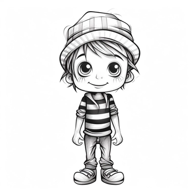 boy doll style smiling, thin black contour lines, arms crossed, jeans, sneakers, striped hat, tousled hair, cartoon clipart, cute eyes, illustration for children, disney