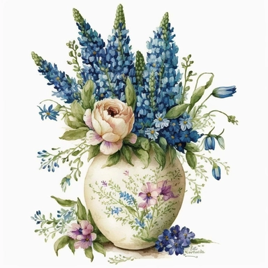Watercolor Blue Bonnets, Clipart rose floral bouqet in a cute vase, white background, no text, no caption